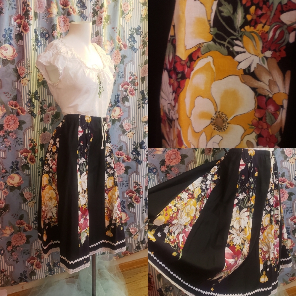 Handmade Vintage Black Floral Full Skirt!!